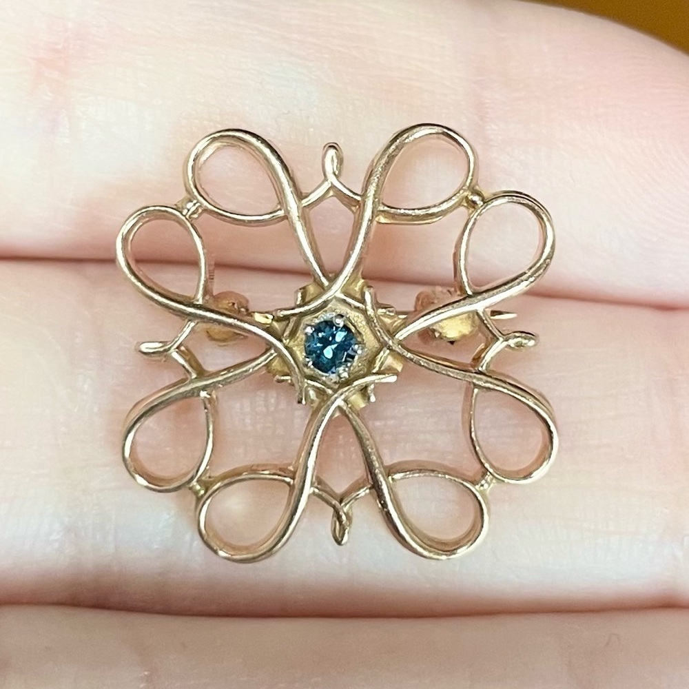 10k vintage Avon Lab Created Sapphire September blue birthday yellow gold brooch